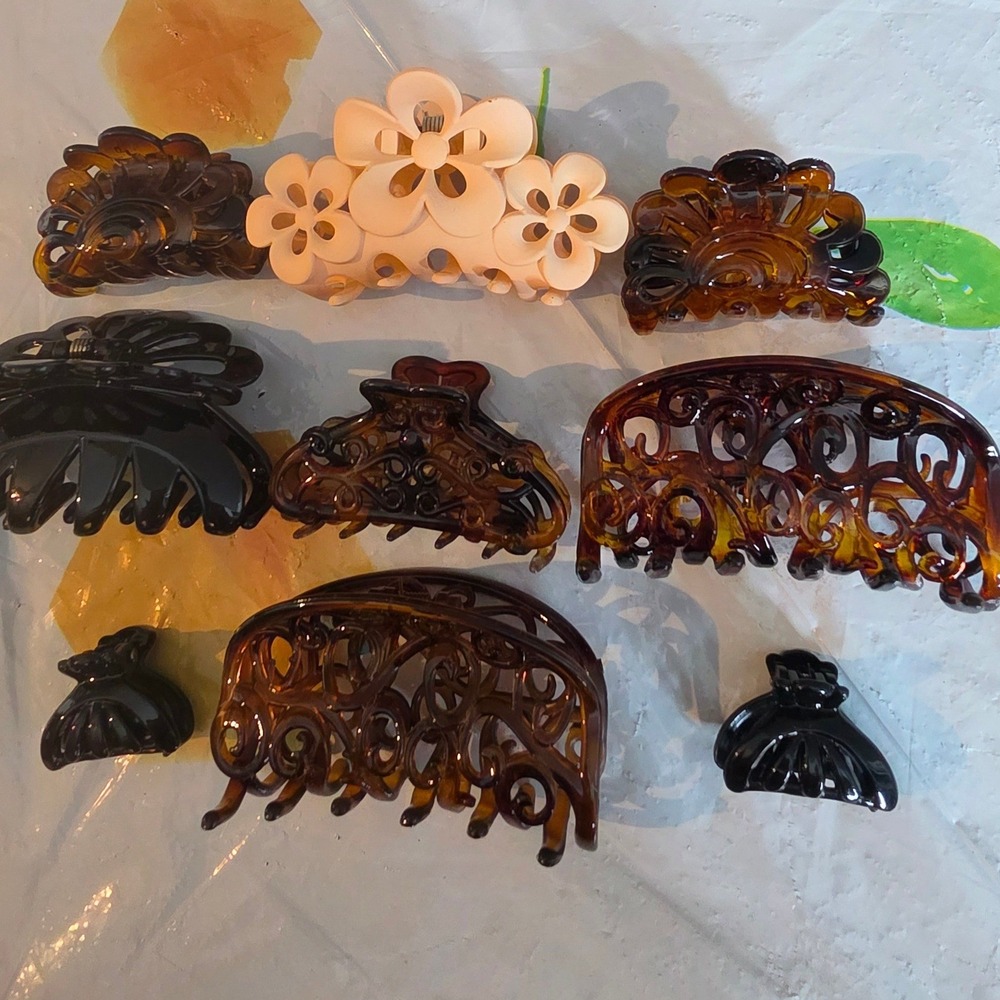 Lot of 9 Hair Claw Clips Floral Tortoiseshell Black Filigree Assorted Sizes
